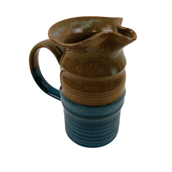 Art Studio Pottery Pitcher Blue Brown Color Block Handle Pour Spout Signed - Picture 6 of 10
